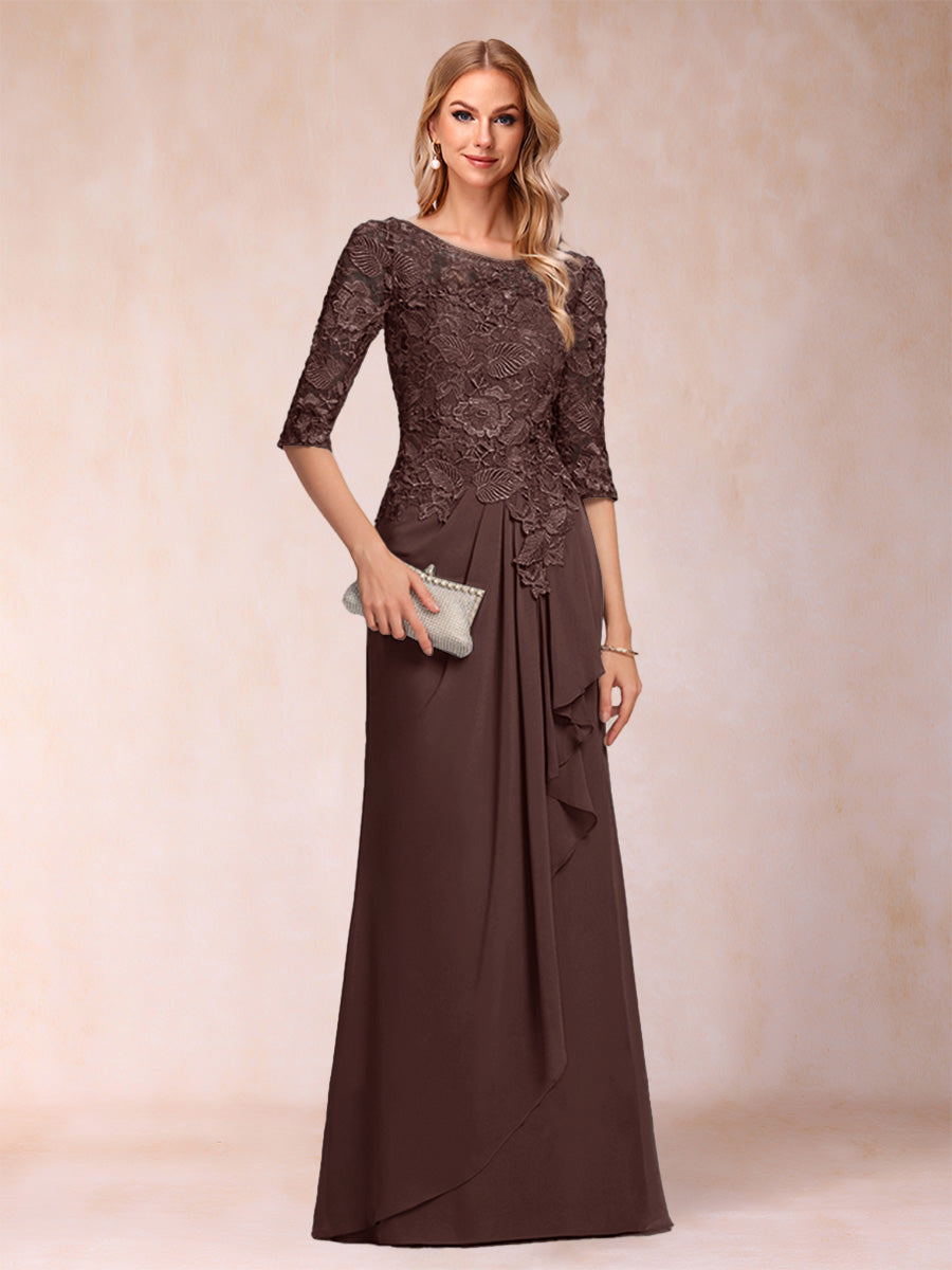 A-Line/Princess Scoop 3/4 Sleeves Chiffon Mother of the Bride Dresses with Ruffles & Appliques