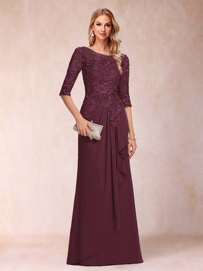 A-Line/Princess Scoop 3/4 Sleeves Chiffon Mother of the Bride Dresses with Ruffles & Appliques