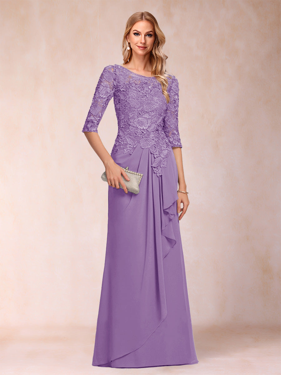 A-Line/Princess Scoop 3/4 Sleeves Chiffon Mother of the Bride Dresses with Ruffles & Appliques