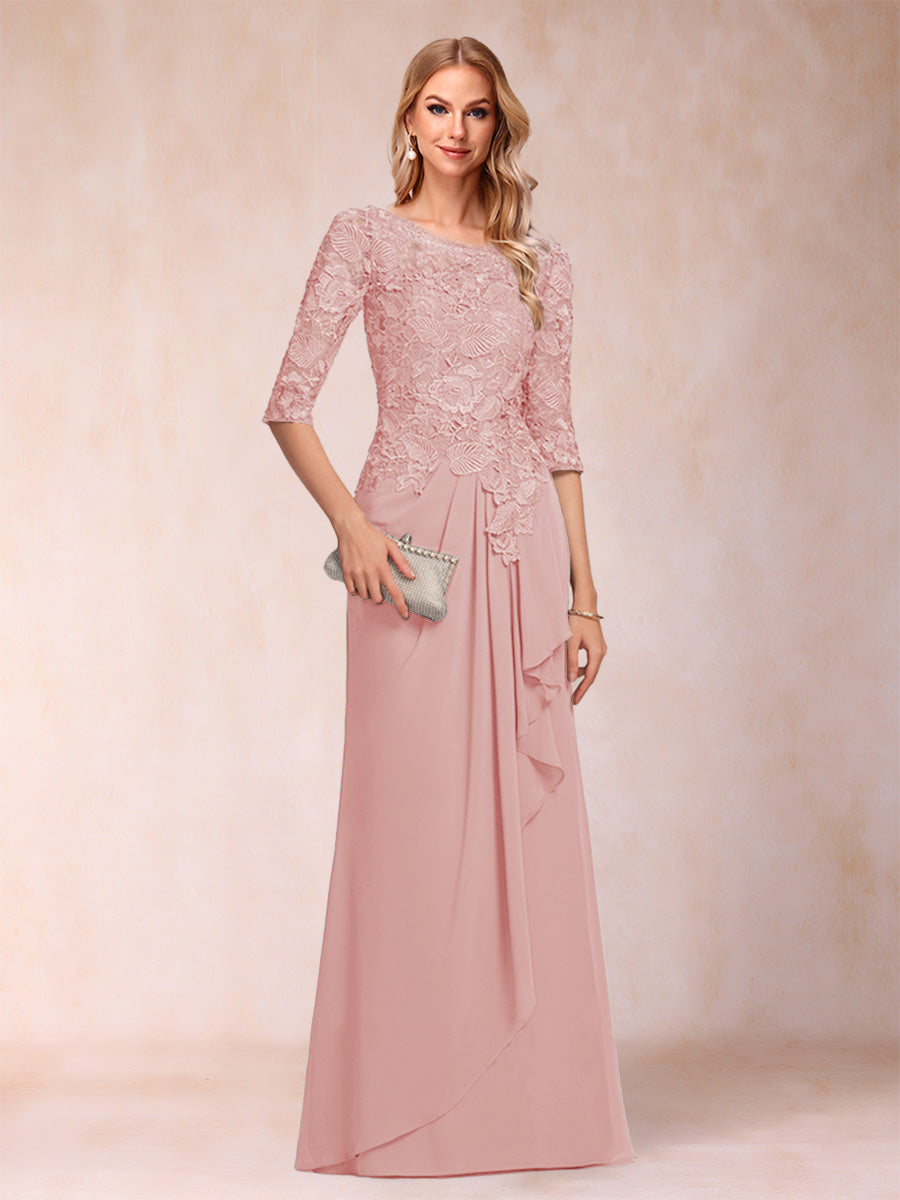 A-Line/Princess Scoop 3/4 Sleeves Chiffon Mother of the Bride Dresses with Ruffles & Appliques