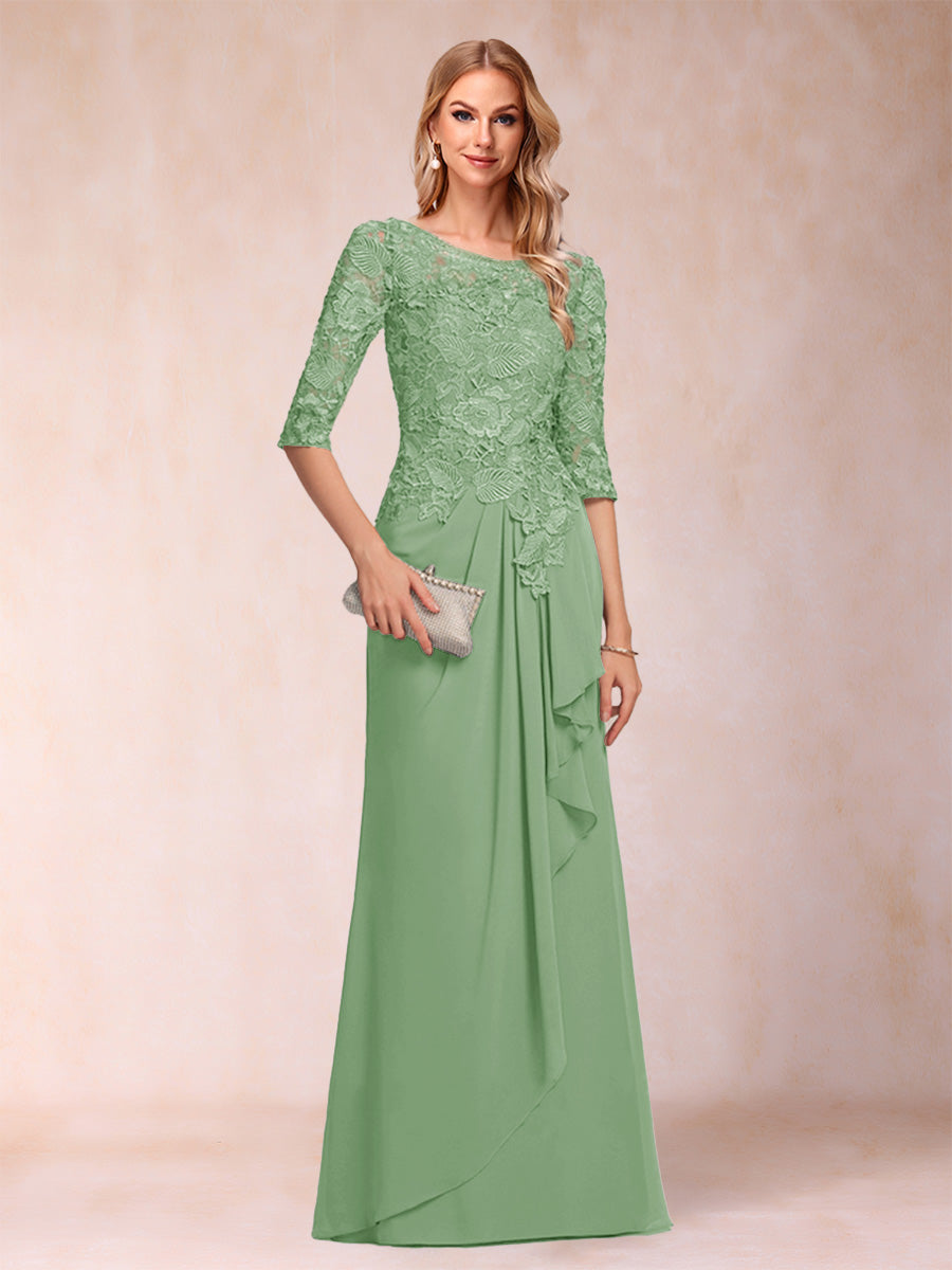 A-Line/Princess Scoop 3/4 Sleeves Chiffon Mother of the Bride Dresses with Ruffles & Appliques