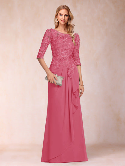 A-Line/Princess Scoop 3/4 Sleeves Chiffon Mother of the Bride Dresses with Ruffles & Appliques