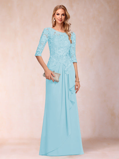 A-Line/Princess Scoop 3/4 Sleeves Chiffon Mother of the Bride Dresses with Ruffles & Appliques