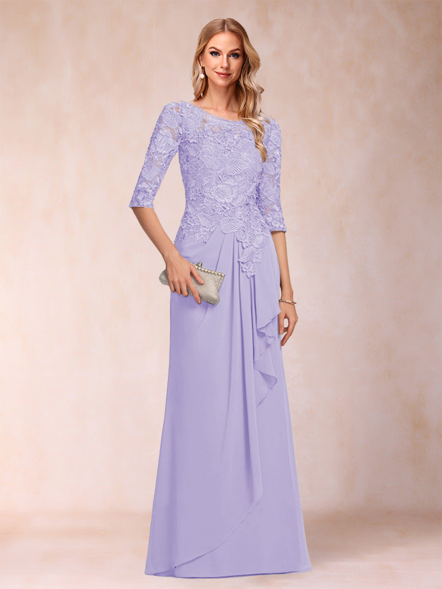 A-Line/Princess Scoop 3/4 Sleeves Chiffon Mother of the Bride Dresses with Ruffles & Appliques