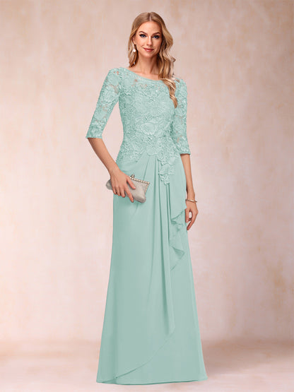 A-Line/Princess Scoop 3/4 Sleeves Chiffon Mother of the Bride Dresses with Ruffles & Appliques