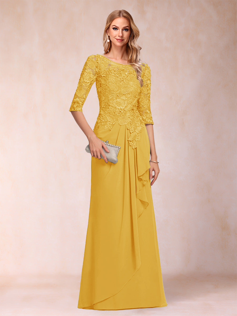 A-Line/Princess Scoop 3/4 Sleeves Chiffon Mother of the Bride Dresses with Ruffles & Appliques