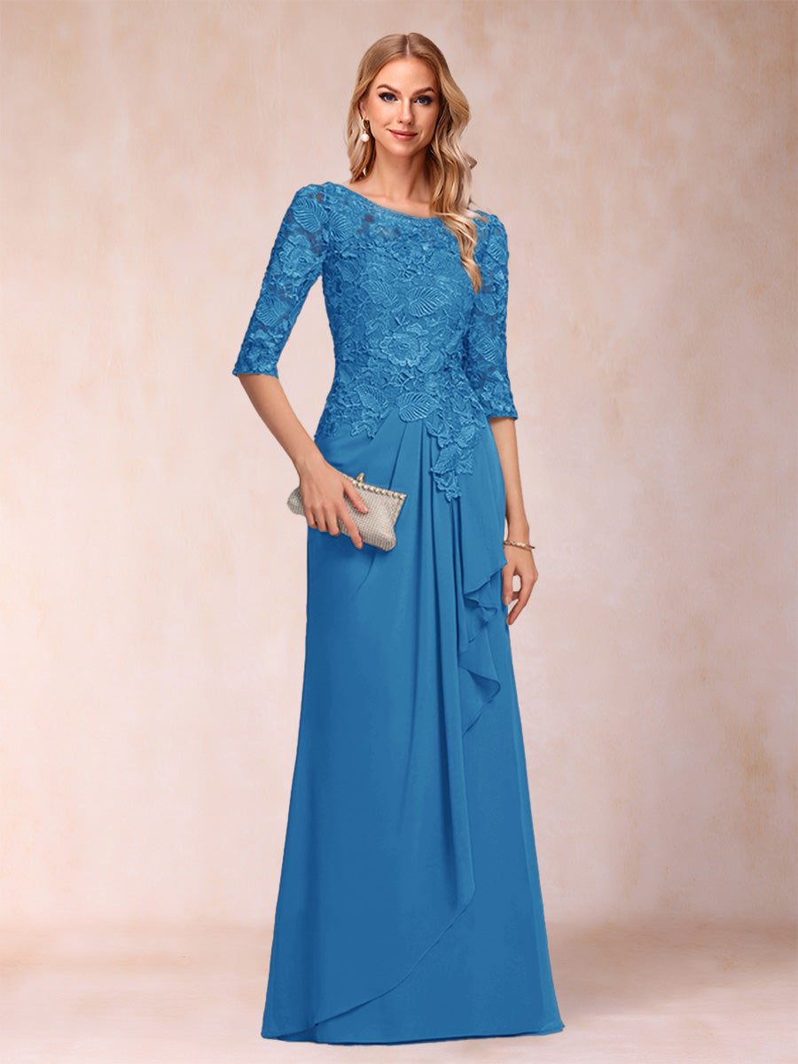 A-Line/Princess Scoop 3/4 Sleeves Chiffon Mother of the Bride Dresses with Ruffles & Appliques