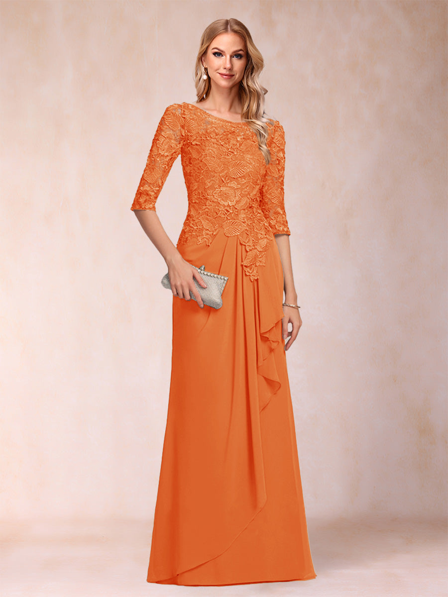 A-Line/Princess Scoop 3/4 Sleeves Chiffon Mother of the Bride Dresses with Ruffles & Appliques