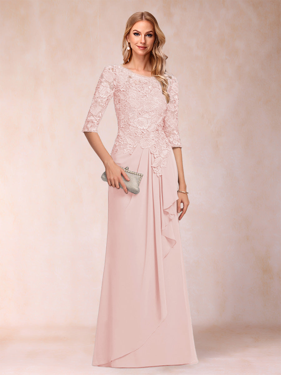 A-Line/Princess Scoop 3/4 Sleeves Chiffon Mother of the Bride Dresses with Ruffles & Appliques