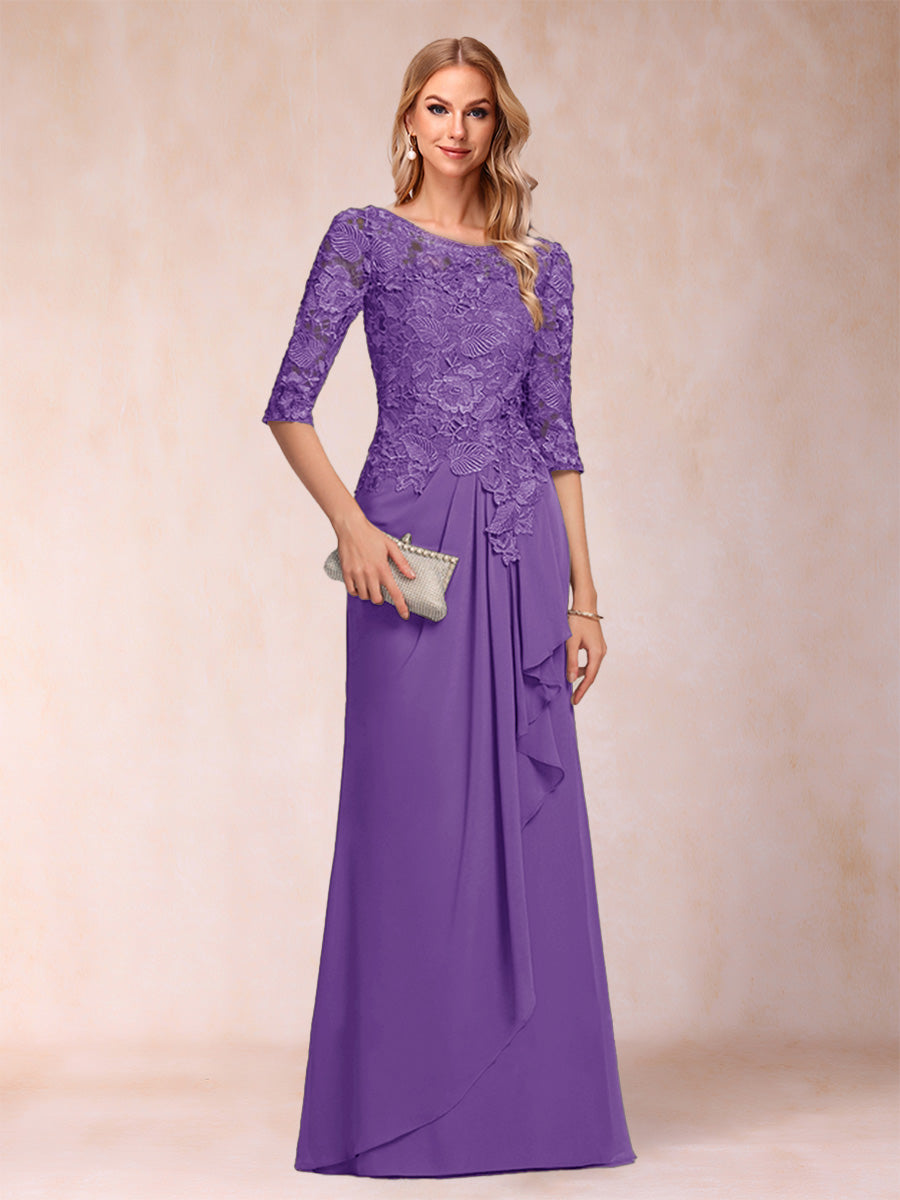 A-Line/Princess Scoop 3/4 Sleeves Chiffon Mother of the Bride Dresses with Ruffles & Appliques