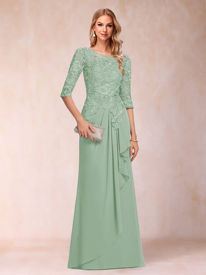 A-Line/Princess Scoop 3/4 Sleeves Chiffon Mother of the Bride Dresses with Ruffles & Appliques