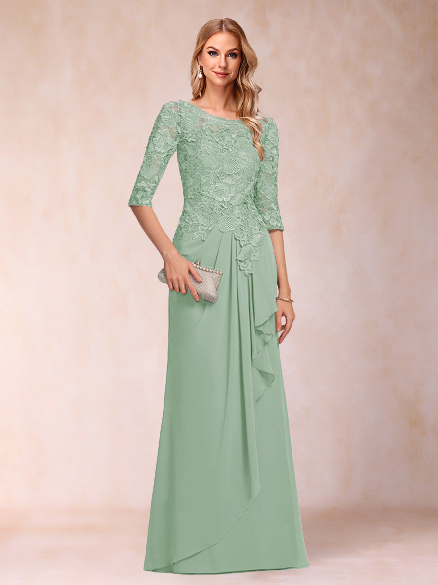 A-Line/Princess Scoop 3/4 Sleeves Chiffon Mother of the Bride Dresses with Ruffles & Appliques