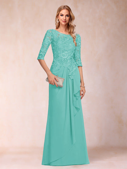 A-Line/Princess Scoop 3/4 Sleeves Chiffon Mother of the Bride Dresses with Ruffles & Appliques