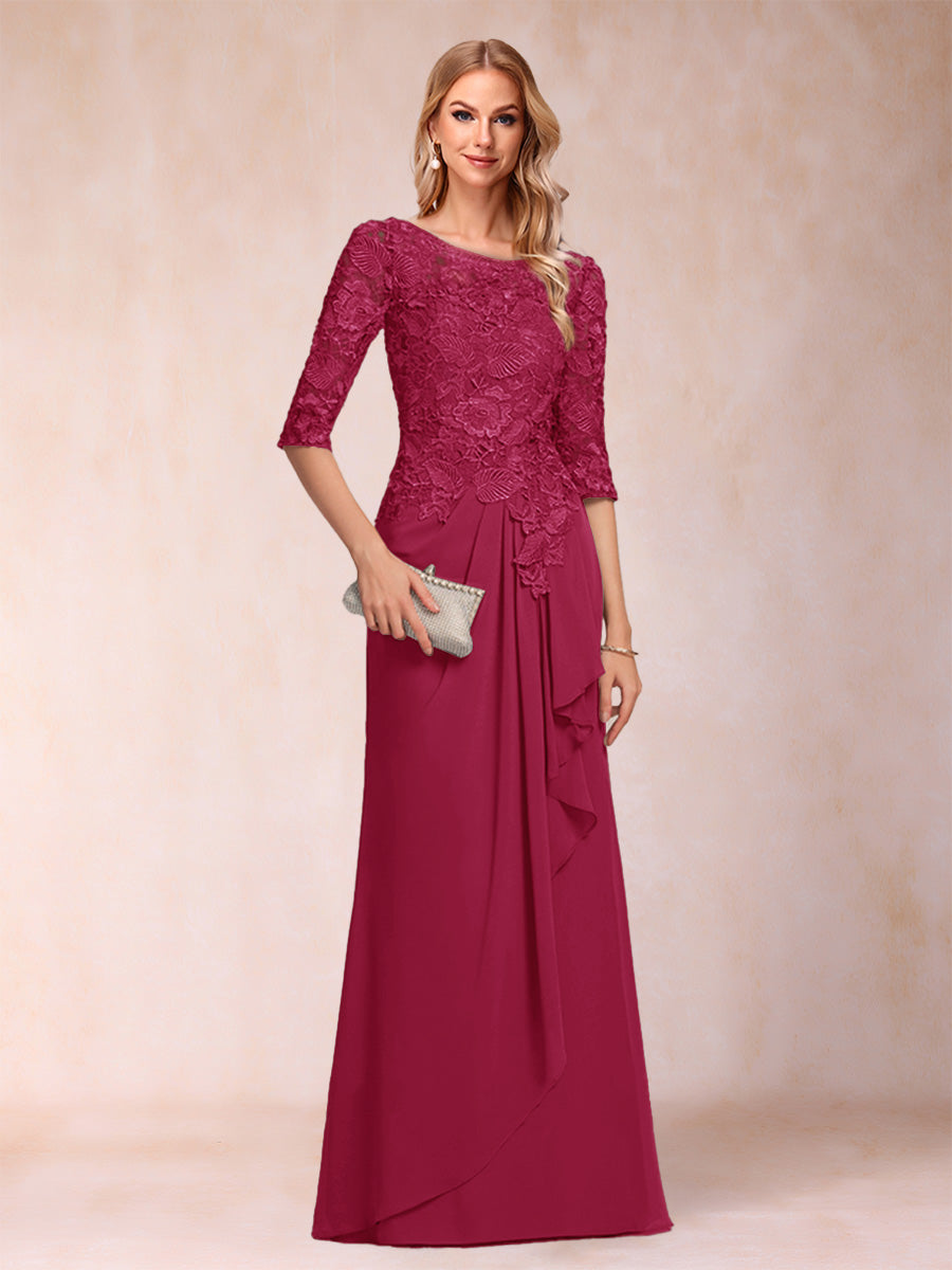 A-Line/Princess Scoop 3/4 Sleeves Chiffon Mother of the Bride Dresses with Ruffles & Appliques