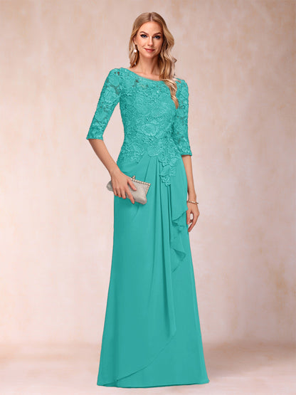 A-Line/Princess Scoop 3/4 Sleeves Chiffon Mother of the Bride Dresses with Ruffles & Appliques