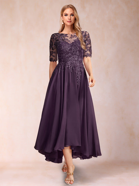 A-Line/Princess Scoop Half Sleeves Chiffon Mother of the Bride Dresses with Appliques