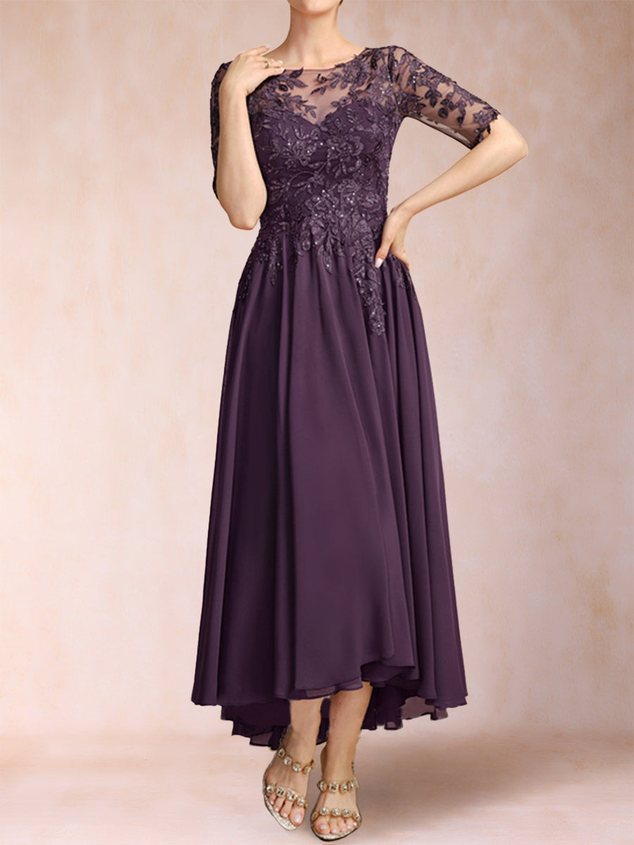 A-Line/Princess Scoop Half Sleeves Chiffon Mother of the Bride Dresses with Appliques