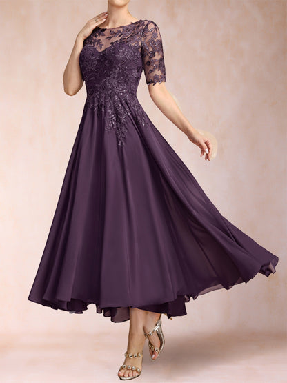 A-Line/Princess Scoop Half Sleeves Chiffon Mother of the Bride Dresses with Appliques