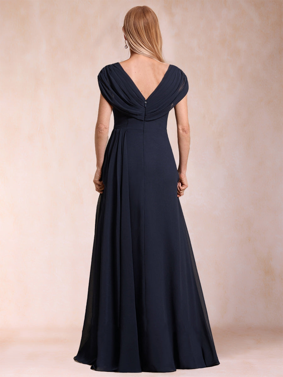 A-Line/Princess V-Neck Chiffon Ruched Mother of the Bride Dresses with Appliques & Beading