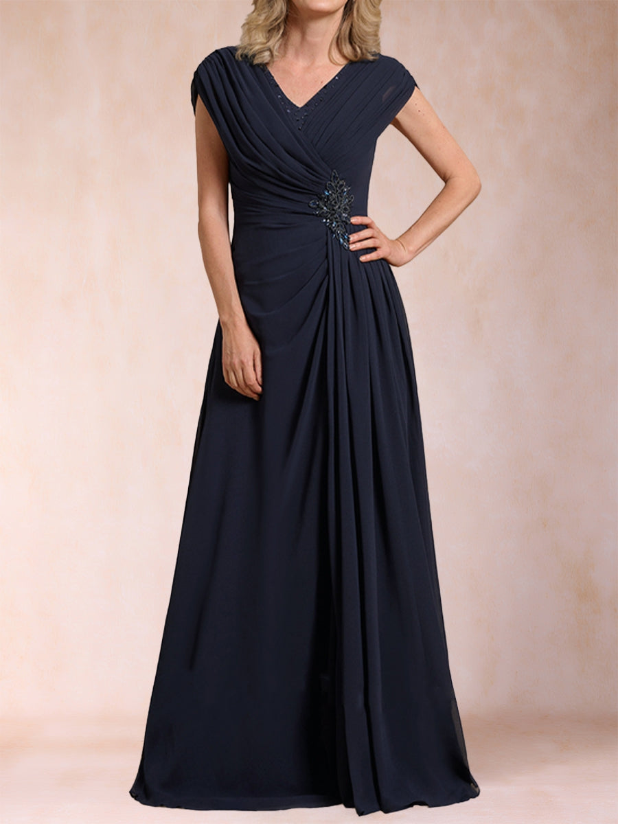 A-Line/Princess V-Neck Chiffon Ruched Mother of the Bride Dresses with Appliques & Beading