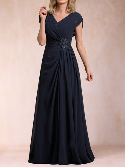 A-Line/Princess V-Neck Chiffon Ruched Mother of the Bride Dresses with Appliques & Beading