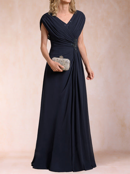 A-Line/Princess V-Neck Chiffon Ruched Mother of the Bride Dresses with Appliques & Beading