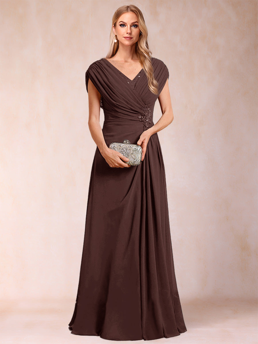 A-Line/Princess V-Neck Chiffon Ruched Mother of the Bride Dresses with Appliques & Beading