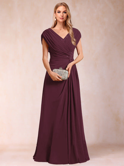 A-Line/Princess V-Neck Chiffon Ruched Mother of the Bride Dresses with Appliques & Beading