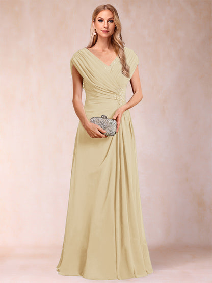 A-Line/Princess V-Neck Chiffon Ruched Mother of the Bride Dresses with Appliques & Beading