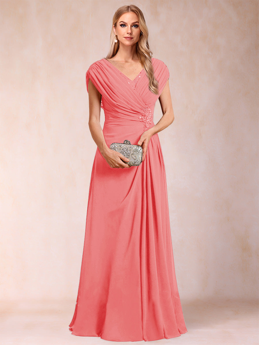 A-Line/Princess V-Neck Chiffon Ruched Mother of the Bride Dresses with Appliques & Beading