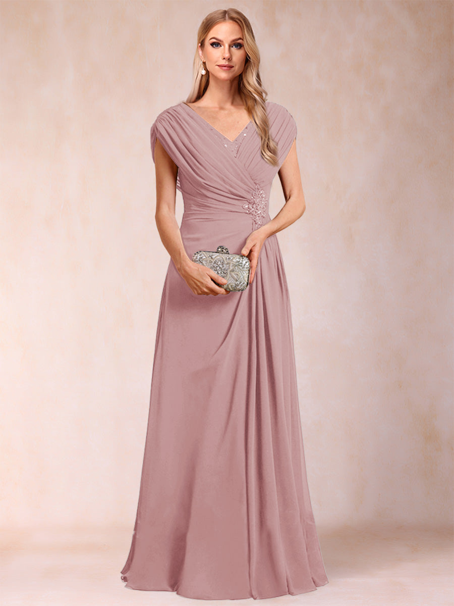 A-Line/Princess V-Neck Chiffon Ruched Mother of the Bride Dresses with Appliques & Beading