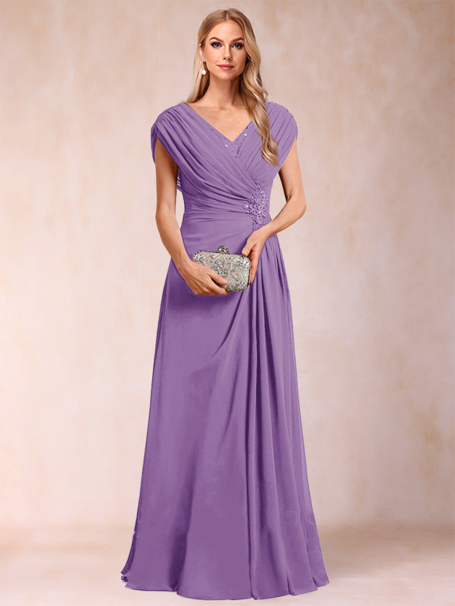 A-Line/Princess V-Neck Chiffon Ruched Mother of the Bride Dresses with Appliques & Beading