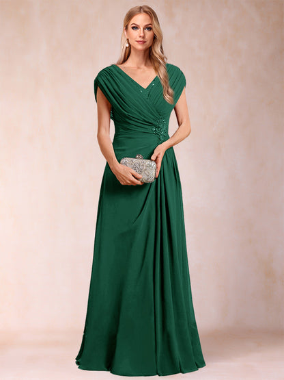 A-Line/Princess V-Neck Chiffon Ruched Mother of the Bride Dresses with Appliques & Beading