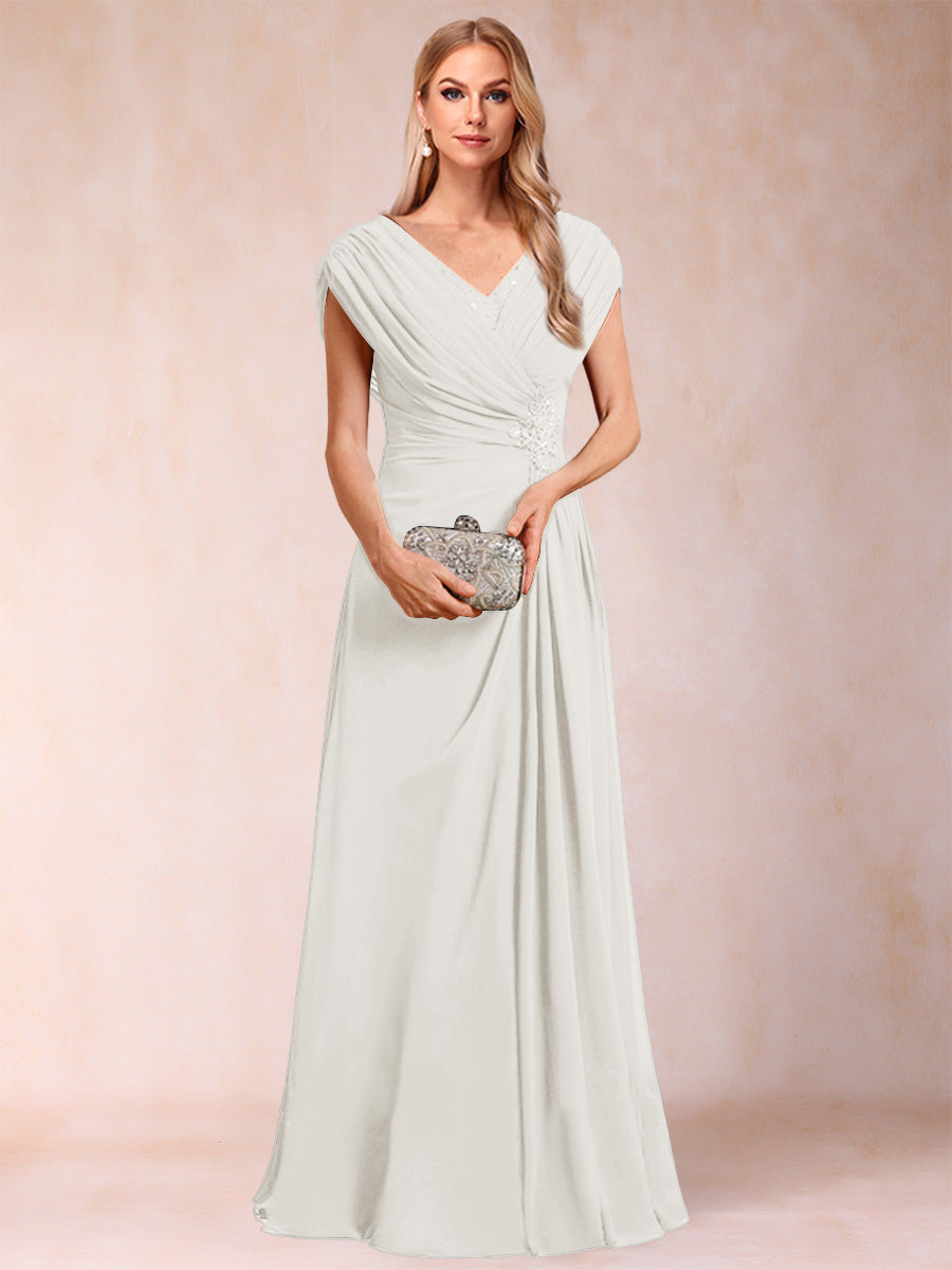 A-Line/Princess V-Neck Chiffon Ruched Mother of the Bride Dresses with Appliques & Beading