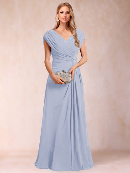 A-Line/Princess V-Neck Chiffon Ruched Mother of the Bride Dresses with Appliques & Beading