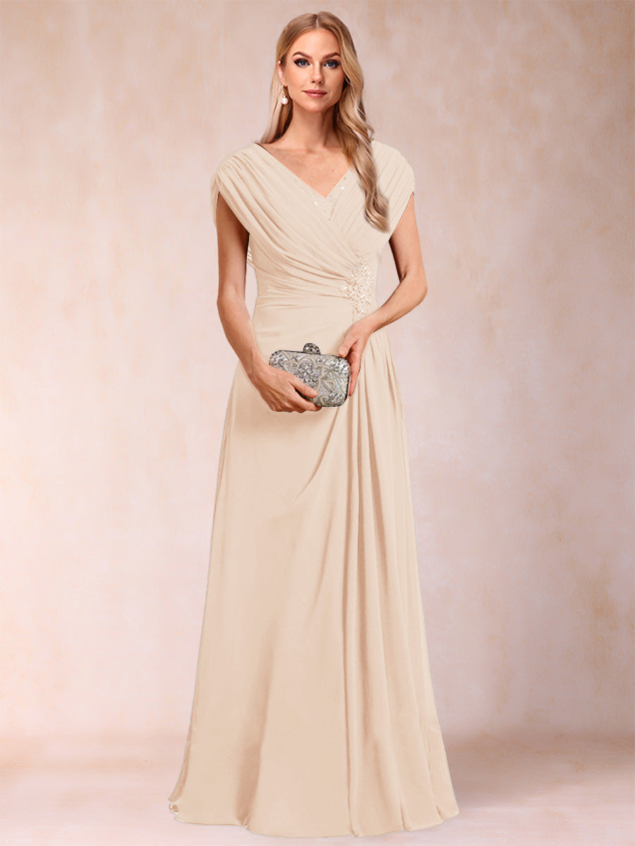 A-Line/Princess V-Neck Chiffon Ruched Mother of the Bride Dresses with Appliques & Beading