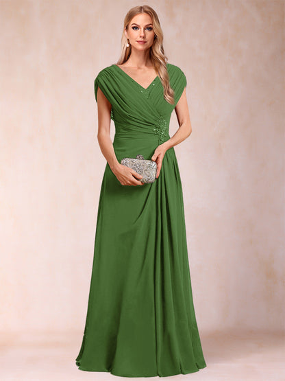 A-Line/Princess V-Neck Chiffon Ruched Mother of the Bride Dresses with Appliques & Beading