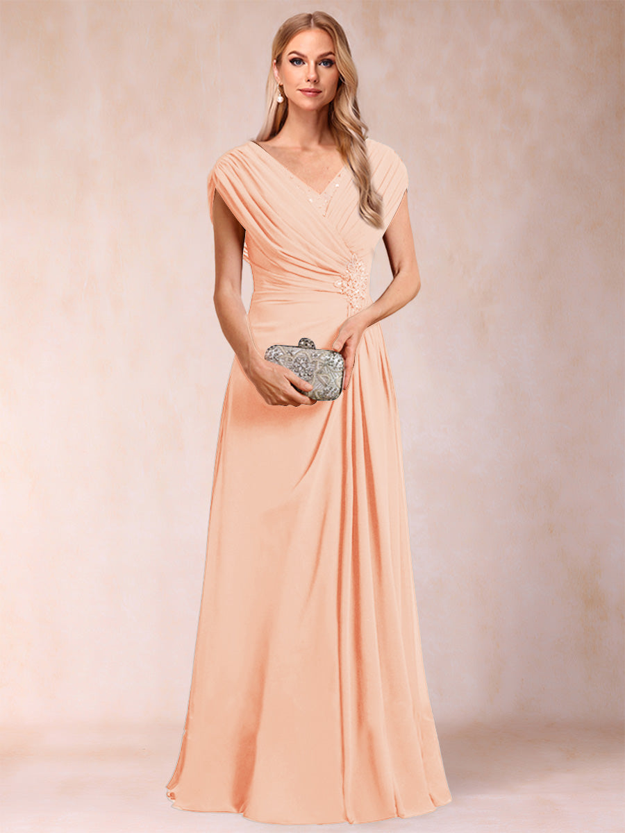 A-Line/Princess V-Neck Chiffon Ruched Mother of the Bride Dresses with Appliques & Beading