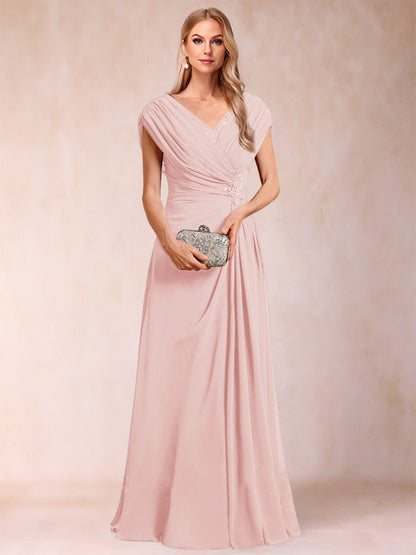 A-Line/Princess V-Neck Chiffon Ruched Mother of the Bride Dresses with Appliques & Beading