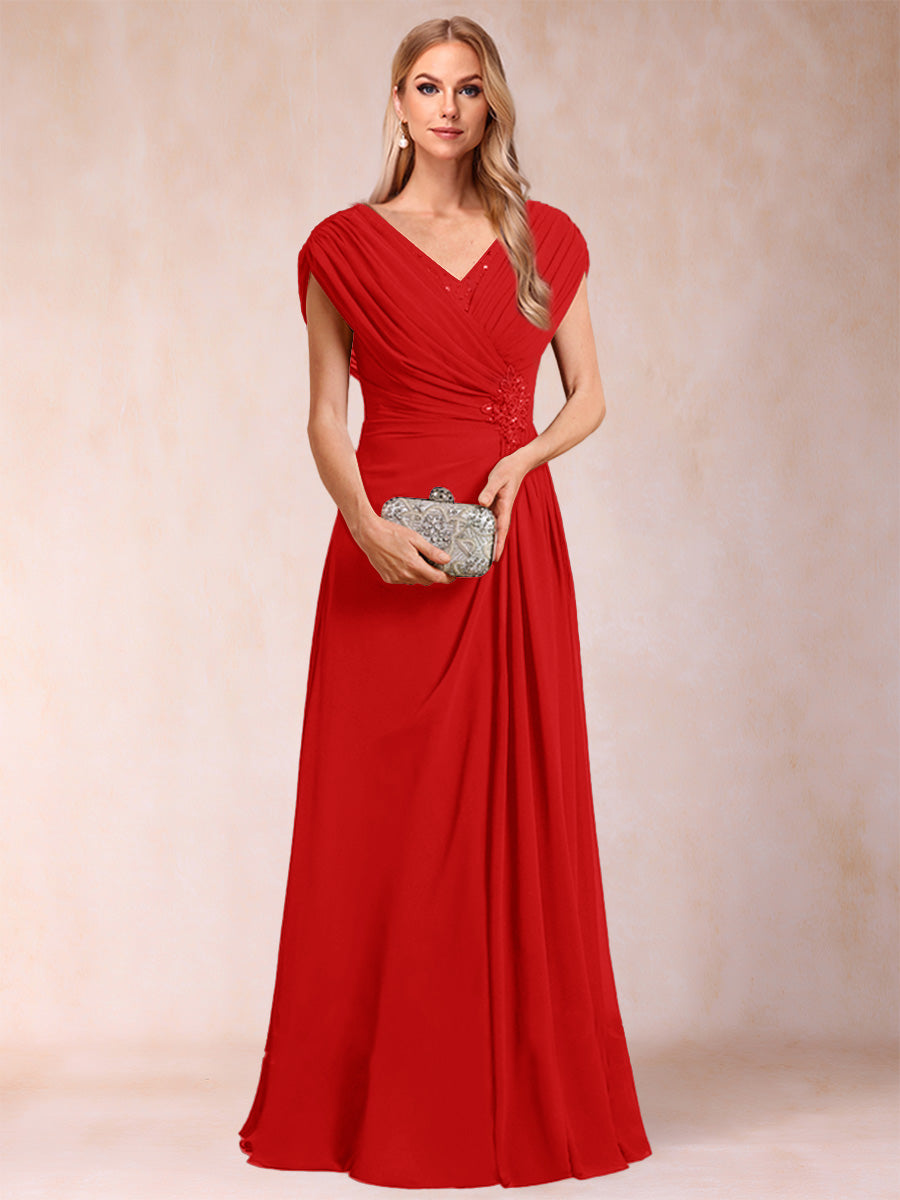 A-Line/Princess V-Neck Chiffon Ruched Mother of the Bride Dresses with Appliques & Beading