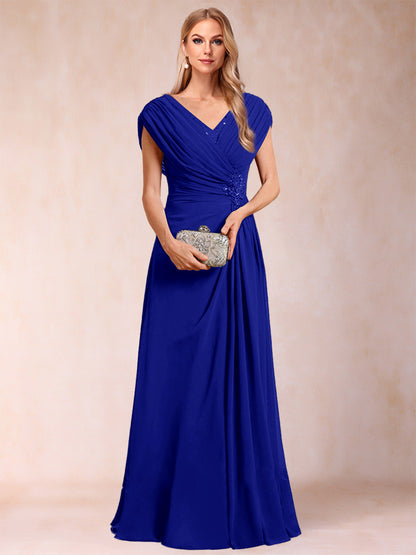 A-Line/Princess V-Neck Chiffon Ruched Mother of the Bride Dresses with Appliques & Beading