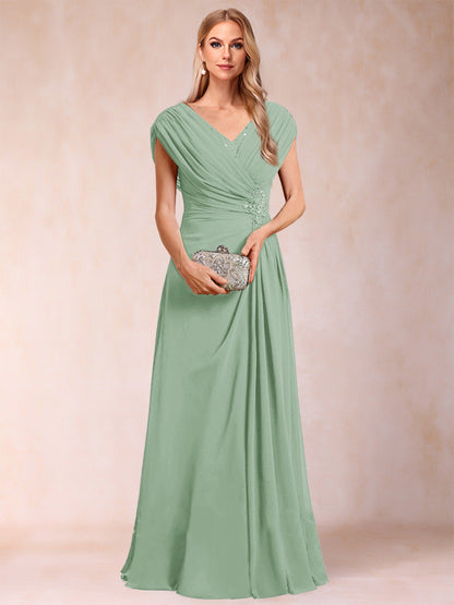 A-Line/Princess V-Neck Chiffon Ruched Mother of the Bride Dresses with Appliques & Beading