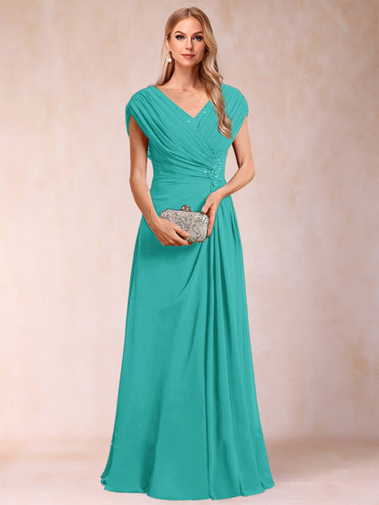 A-Line/Princess V-Neck Chiffon Ruched Mother of the Bride Dresses with Appliques & Beading