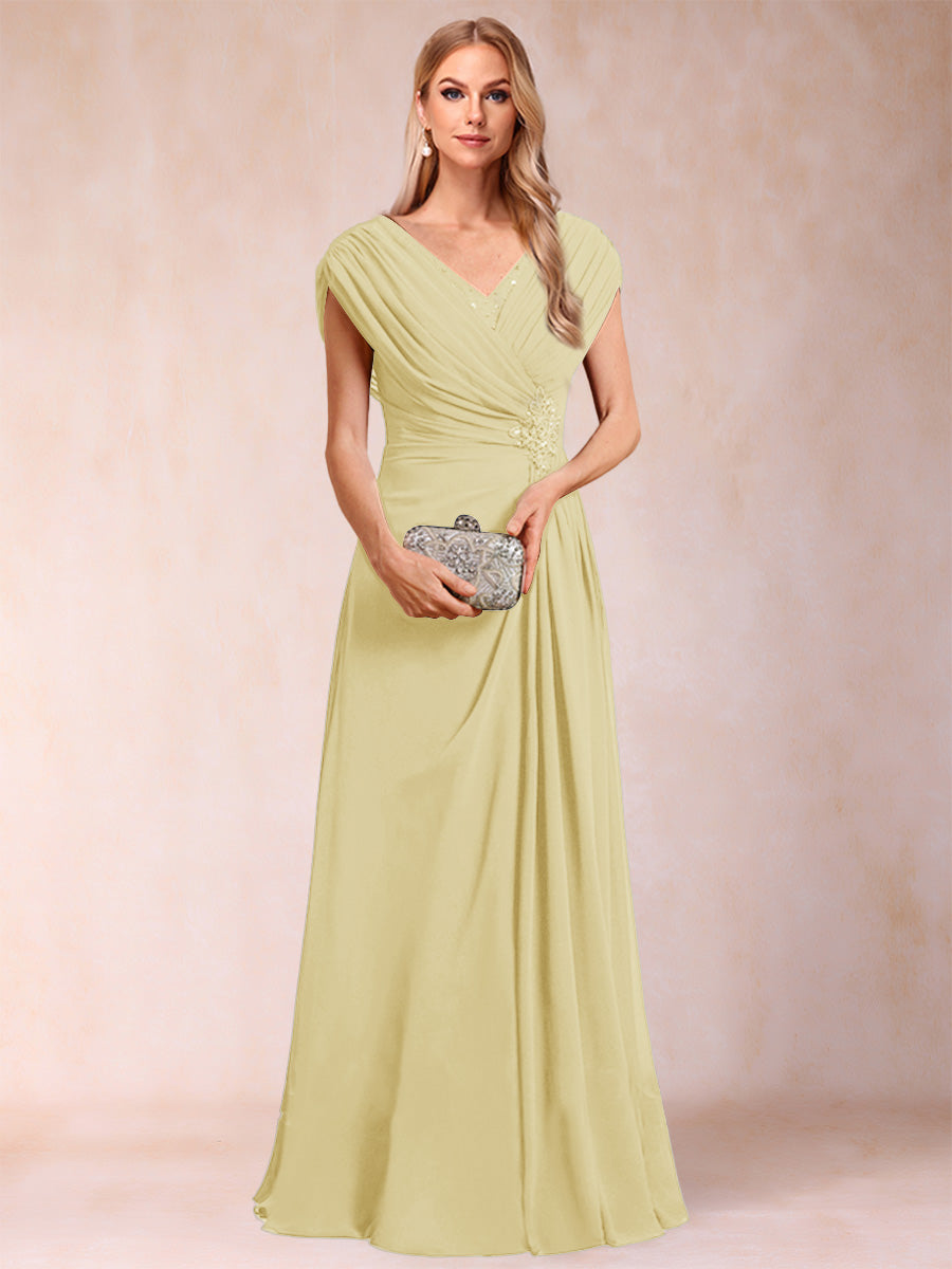 A-Line/Princess V-Neck Chiffon Ruched Mother of the Bride Dresses with Appliques & Beading