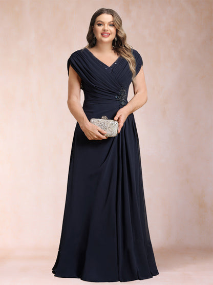 A-Line/Princess V-Neck Chiffon Ruched Plus Size Mother of the Bride Dresses with Appliques & Beading