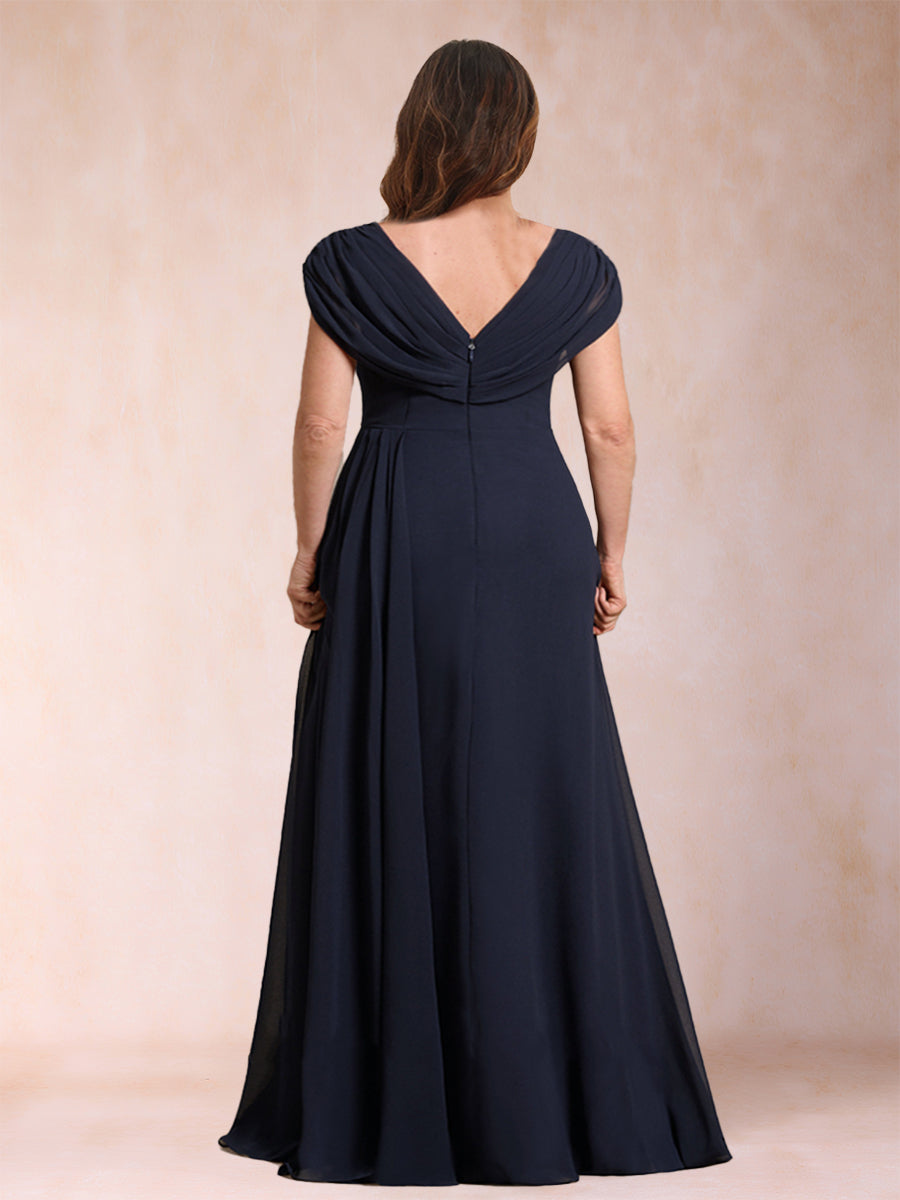 A-Line/Princess V-Neck Chiffon Ruched Plus Size Mother of the Bride Dresses with Appliques & Beading