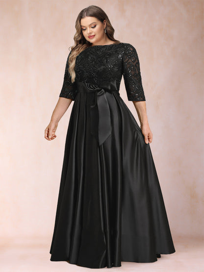 A-Line/Princess Scoop Half Sleeves Plus Size Mother of the Bride Dresses with Appliques & Bow