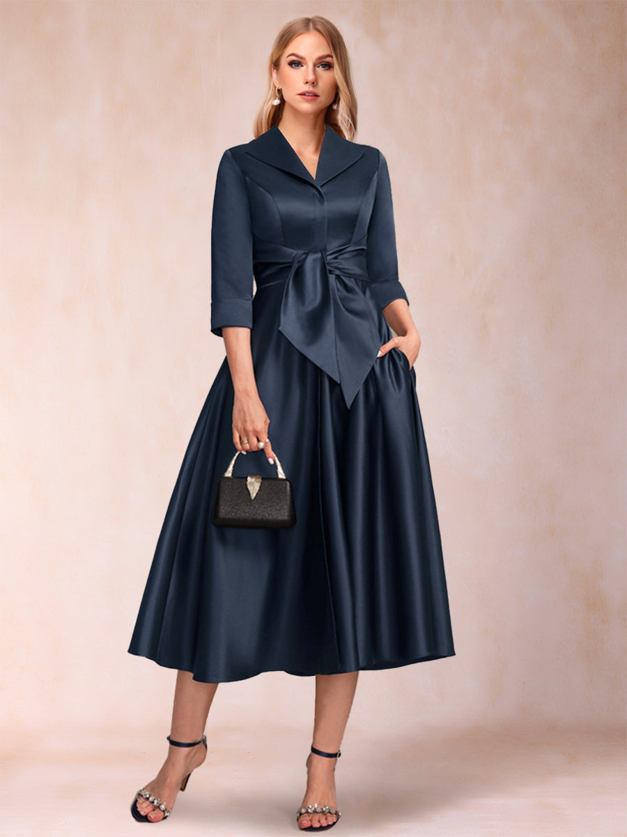 A-Line/Princess V-Neck 3/4 Sleeves Tea-Length Mother of the Bride Dresses with Belt & Pockets