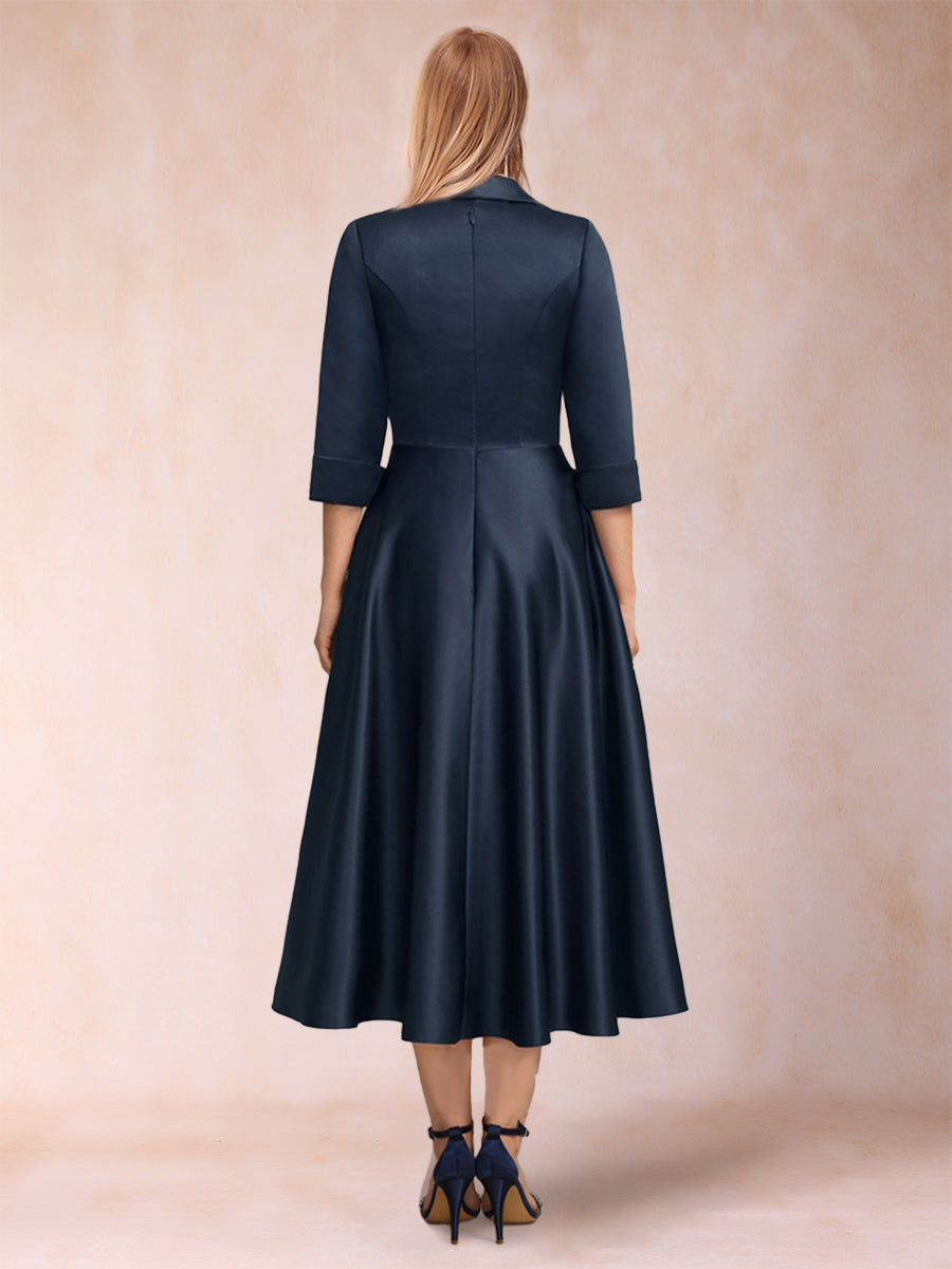 A-Line/Princess V-Neck 3/4 Sleeves Tea-Length Mother of the Bride Dresses with Belt & Pockets