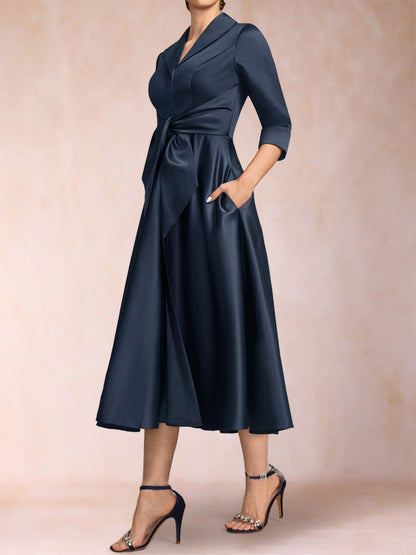 A-Line/Princess V-Neck 3/4 Sleeves Tea-Length Mother of the Bride Dresses with Belt & Pockets